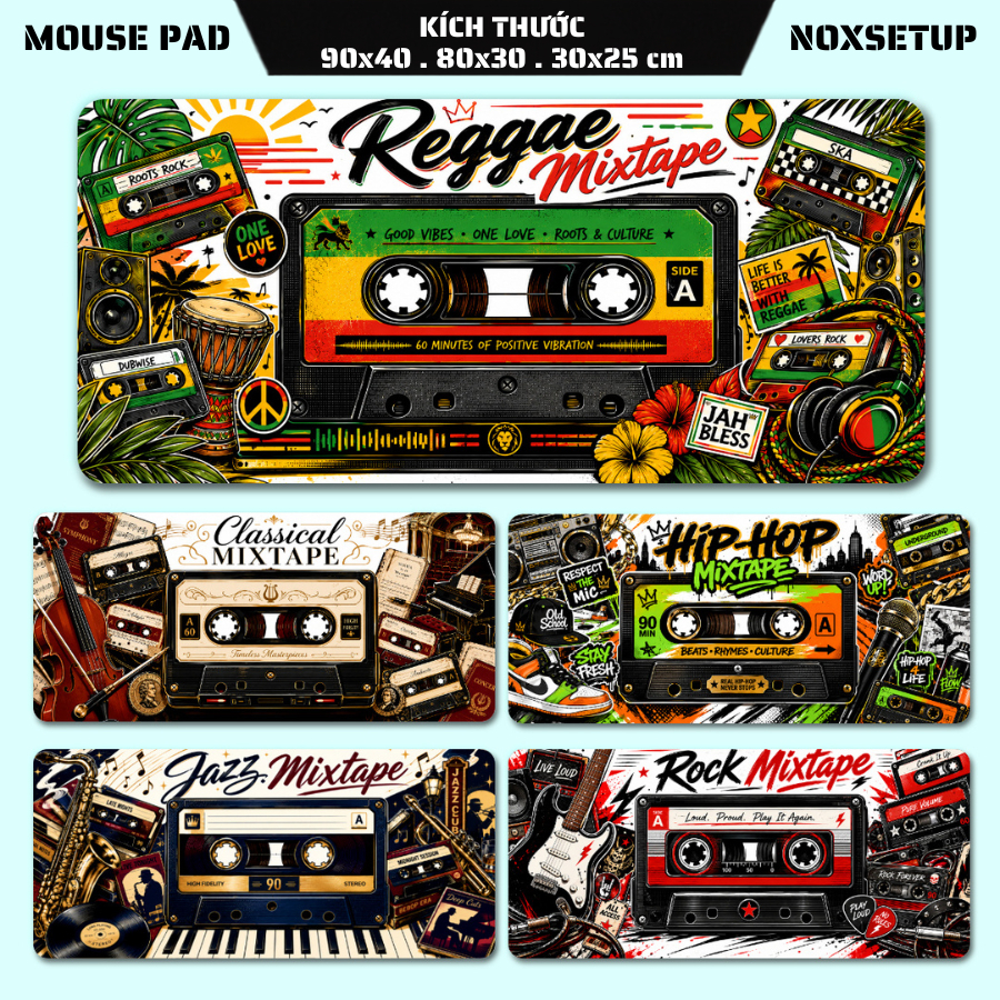 Lót Chuột Deskmat Retro Mixtape Music 90x40/80x30/70x30/60x30, Bàn Di Chuột Gaming Chủ Đề Âm Nhạc Vi