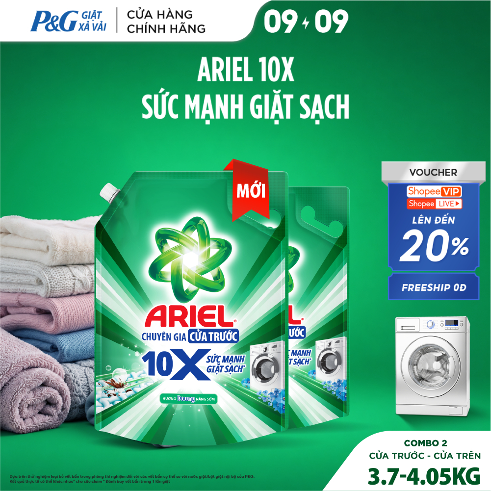 Combo 2 Nước Giặt Gel ARIEL 10X Sức Mạnh Giặt Sạch Chuyên Gia Hương Downy Nắng Sớm Cửa Trước Túi 3.7