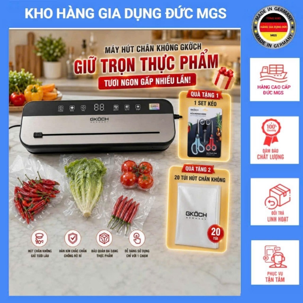 Máy Hút Chân Không GKOCH HF-0911 Hút Khô & Ướt, Tặng Kèm Set 3 Kéo Gkoch, 20 Túi 20×25cm