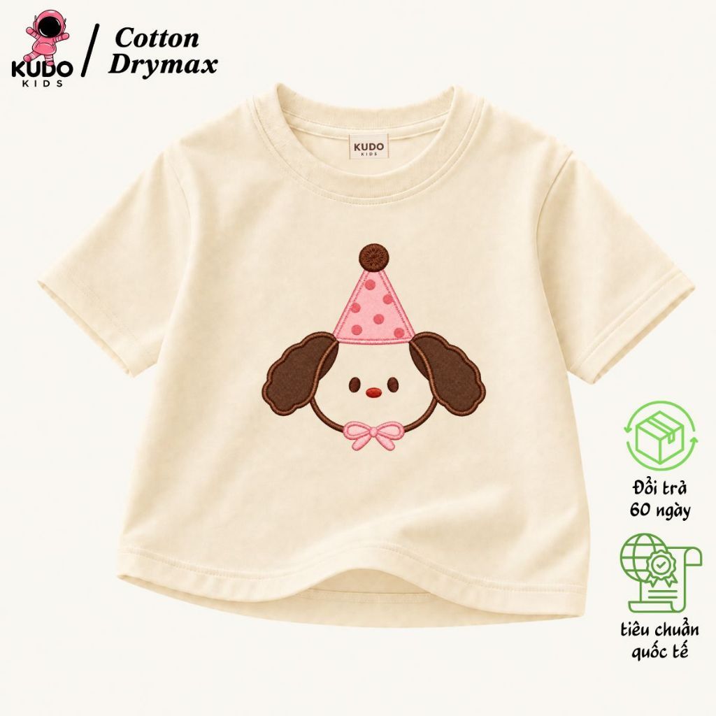 Áo Thun Cho Bé Gái Kudo Kids Họa Tiết Chó Con Đội Nón Tiệc, Dễ Thương Đi Học Mầm Non.