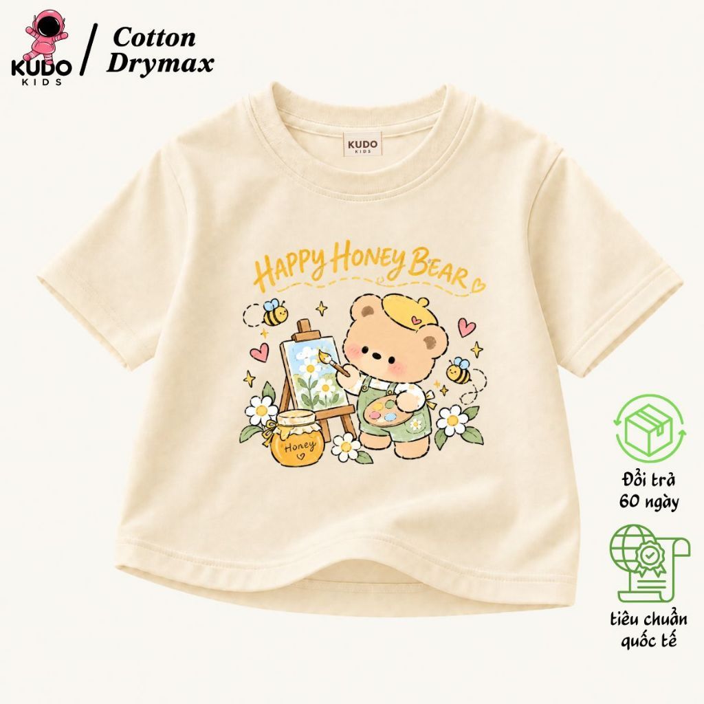 Áo Thun Cho Bé Trai Bé Gái Kudo Kids Mẫu Gấu Họa Sĩ Dễ Thương, Cotton Drymax Co Giãn Tốt
