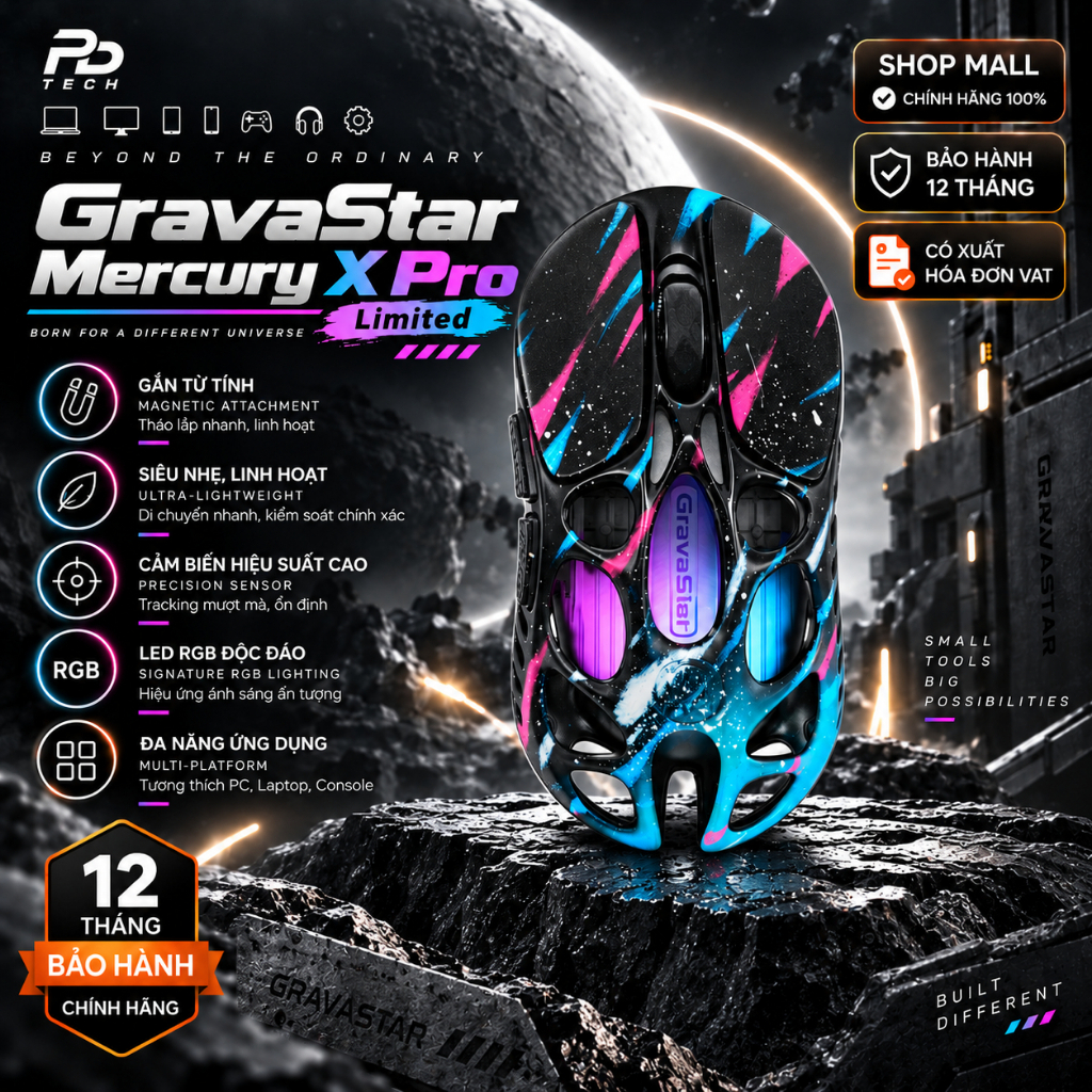 Chuột Gaming Wireless GravaStar Mercury X Pro Limited Chính Hãng – Hợp Kim Nguyên Khối, RGB Cyberpun