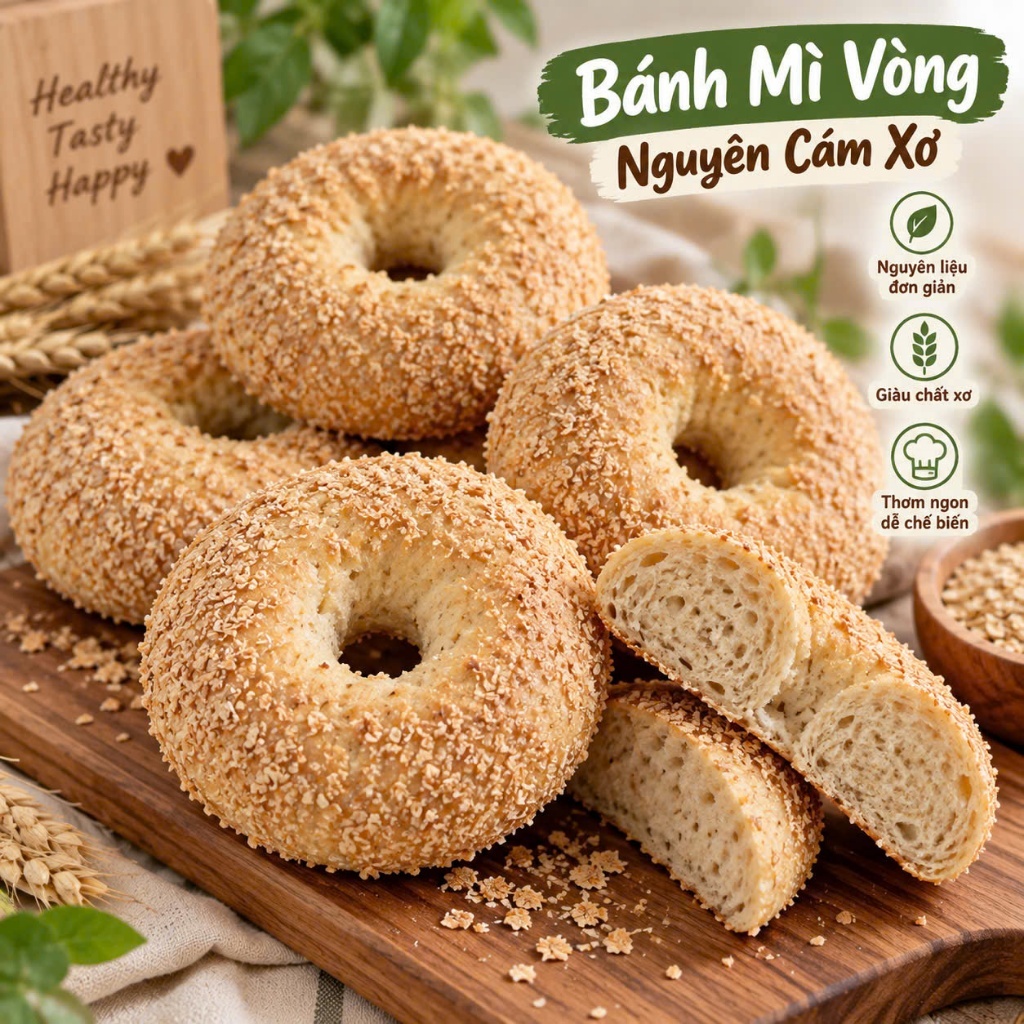 Bánh Mì Vòng Nguyên Cám Xơ Thế Giới Keto, Bánh Bagel Healthy Giàu Chất Xơ Ít Đường, Mềm Dai, Ăn Sáng