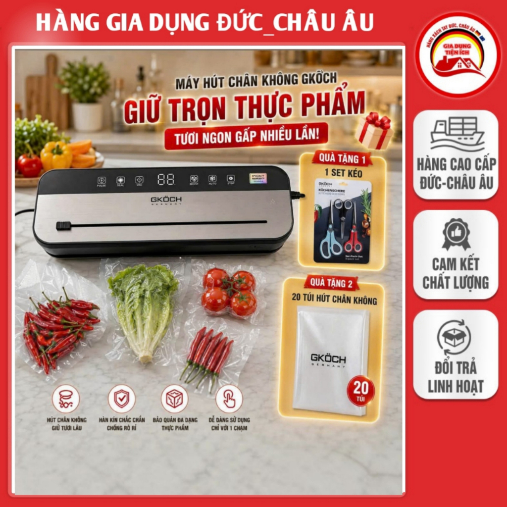 Máy hút chân không GKOCH GERMANY, hút khô và ướt, tặng kèm set 3 kéo Gkoch, 20 túi 20×25cm