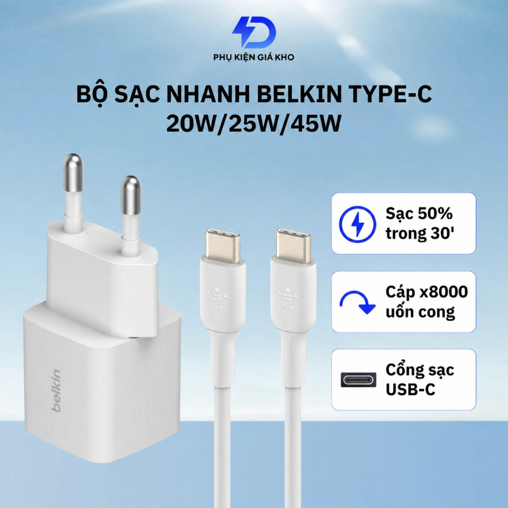 Bộ sạc nhanh Type C Belkin PD 20W/25W/45W kèm dây sạc 2m màu trắng chính hãng