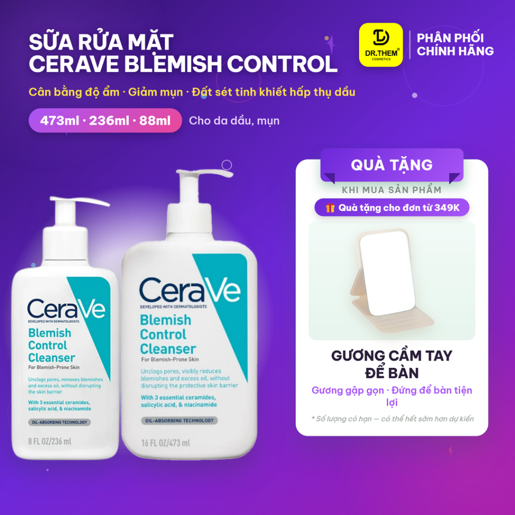 Sữa Rửa Mặt CeraVe Blemish Control Cleanser 88ml/236ml/473ml - Giảm Mụn, 2% Salicylic Acid, Đất Sét 