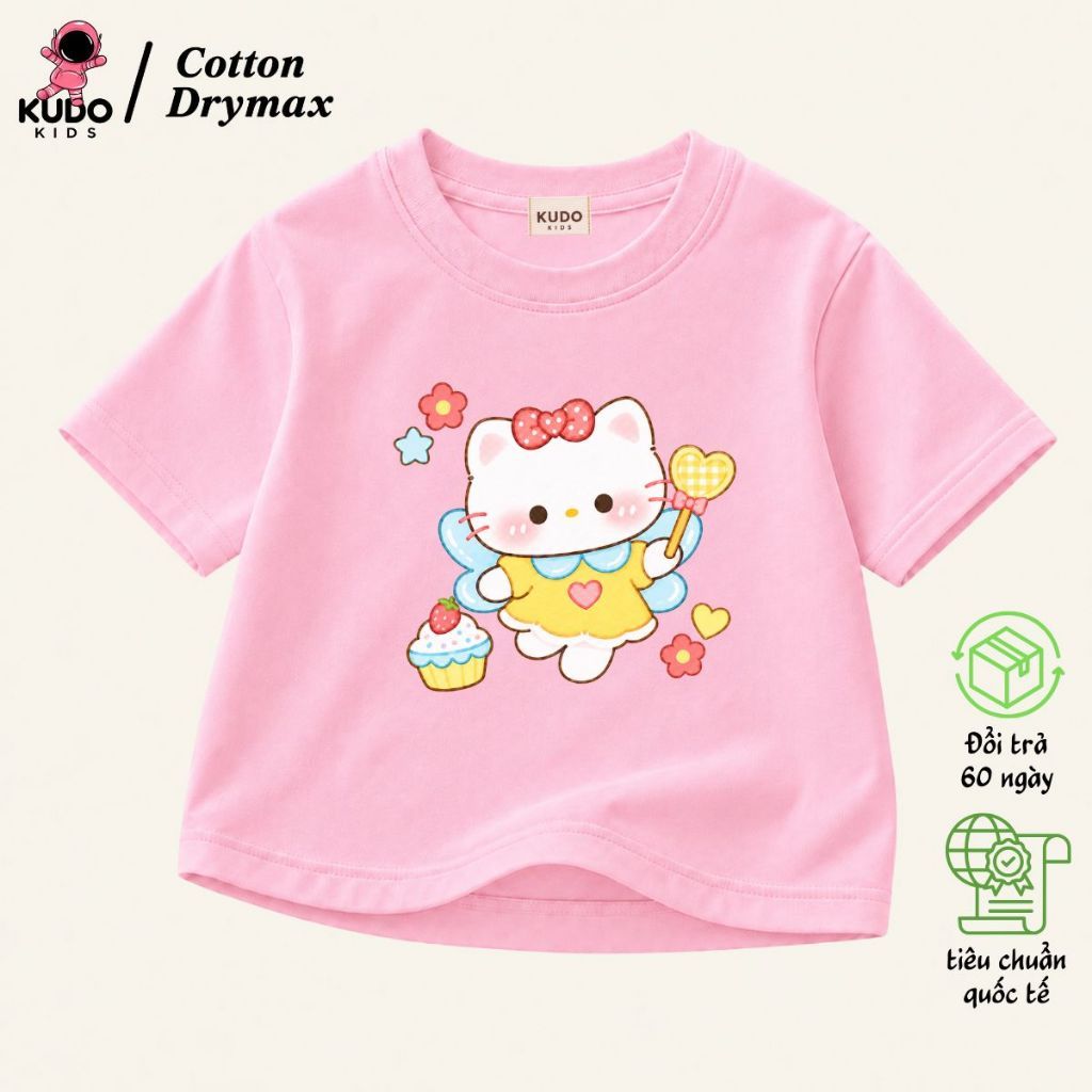 Áo Thun Cho Bé Gái Kudo Kids Mẫu Mèo Nơ Đỏ Dễ Thương, Mặc Đi Học Đi Chơi Dễ Phối Đồ.