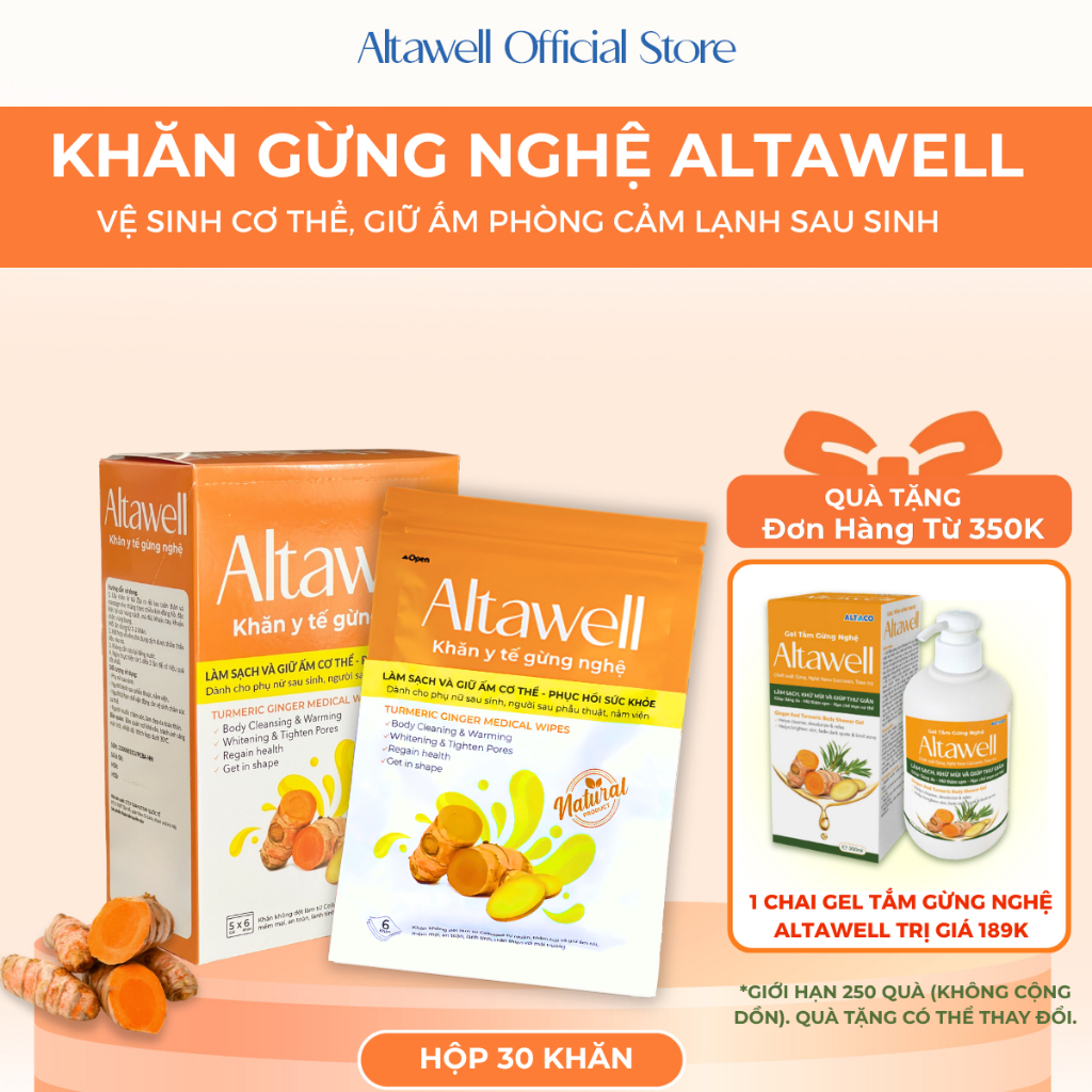 Khăn Gừng Nghệ Altawell - Hỗ Trợ Làm Sạch Khử Mùi Giữ Ấm - Nghệ Nano Curumin Hiệu Quả