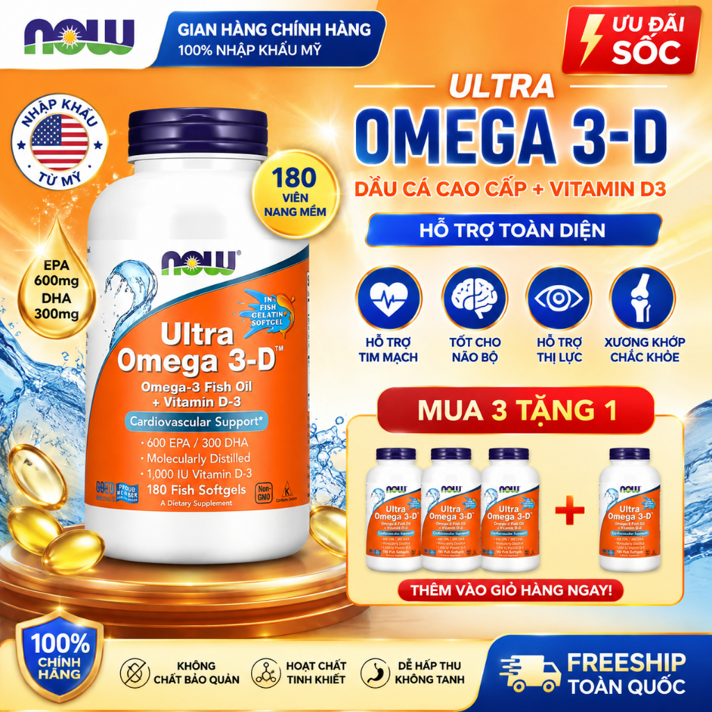 MUA 3 TẶNG 1 | NOW Ultra Omega 3-D Dầu Cá Omega 3 180 Viên | 600 EPA 300 DHA + Vitamin D3