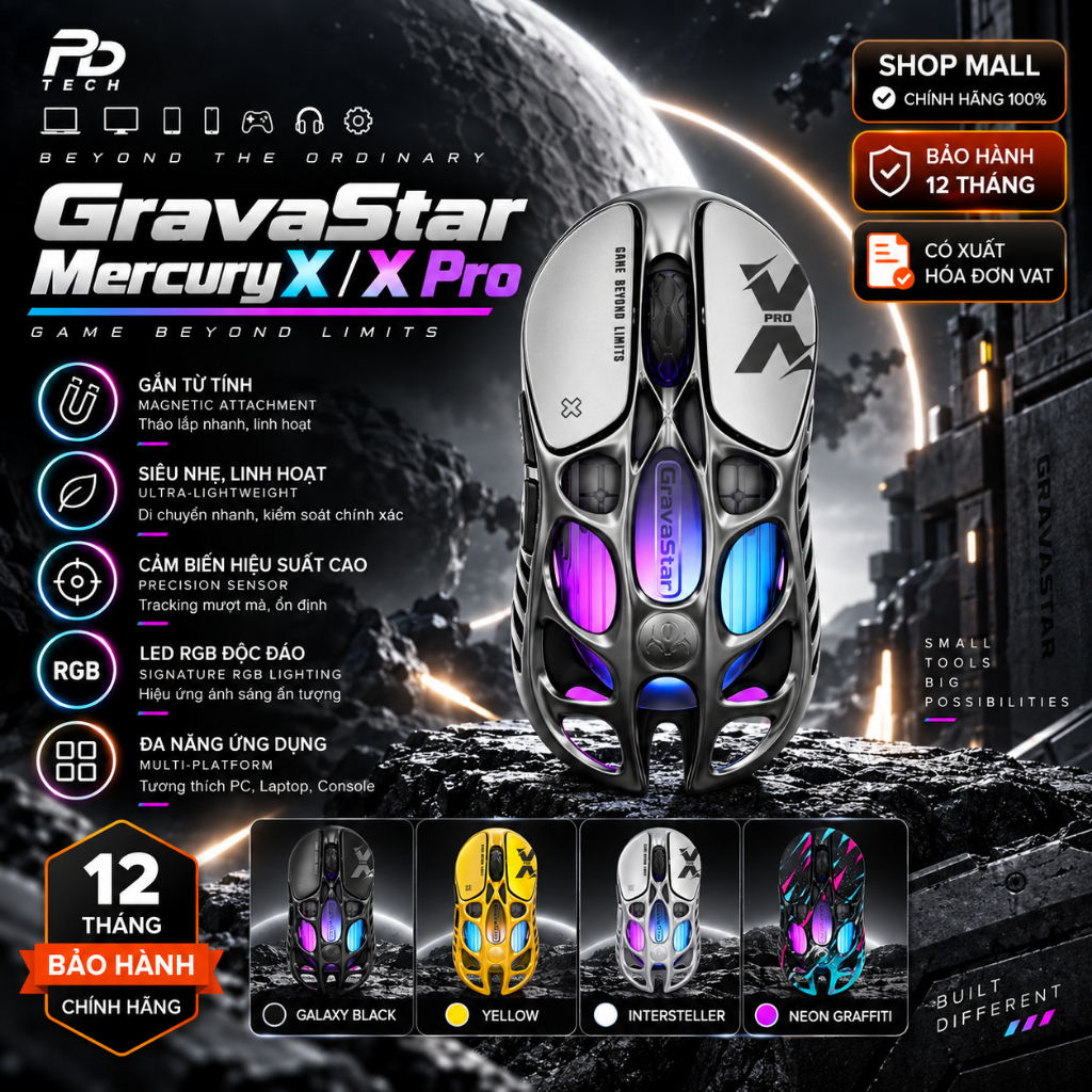 Chuột Gaming Wireless GravaStar Mercury X / X Pro Chính Hãng – Hợp Kim Nguyên Khối, RGB Cyberpunk, T