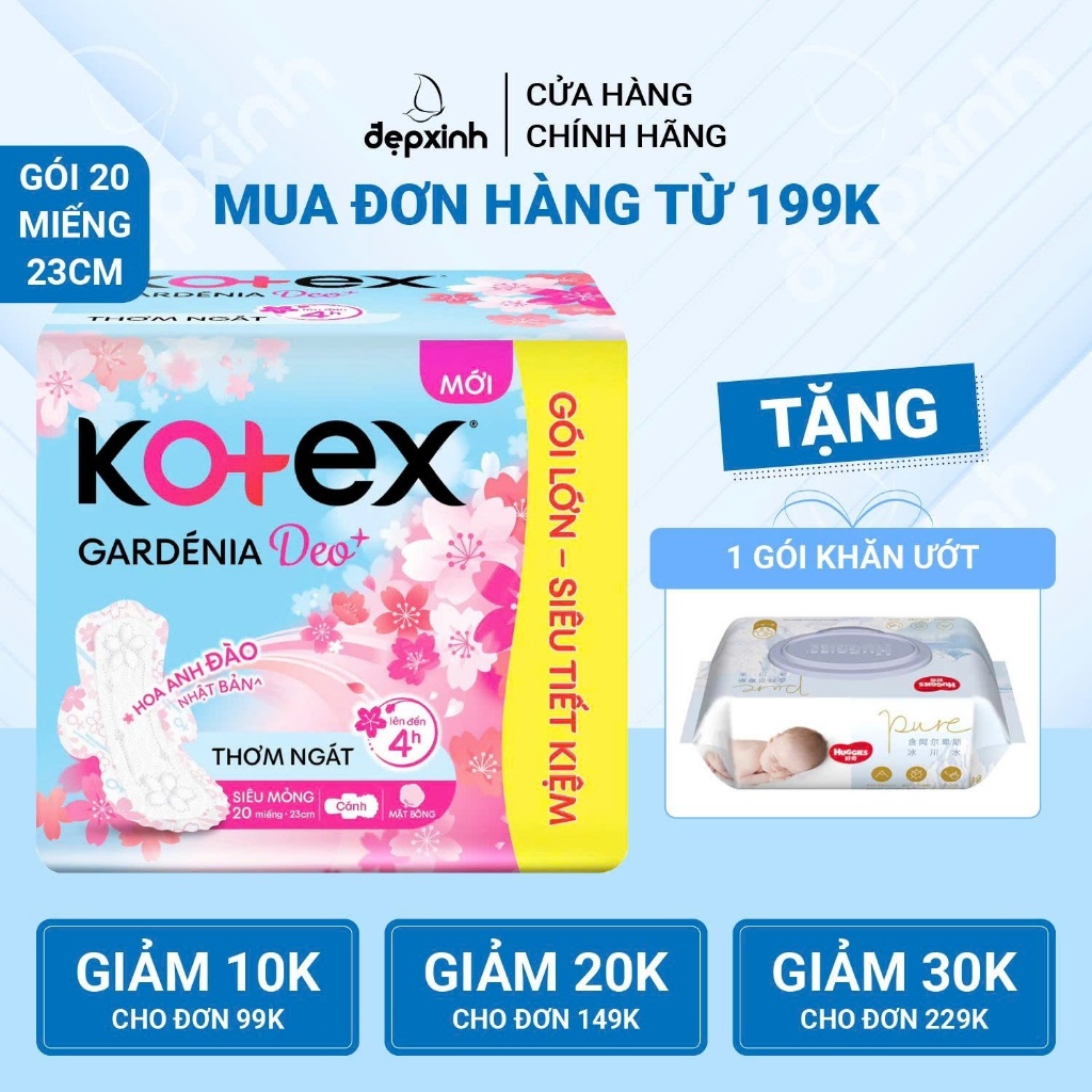 Băng vệ sinh Kotex Gardenia Deo+ Hoa Anh Đào siêu mỏng cánh 23cm x 20 miếng