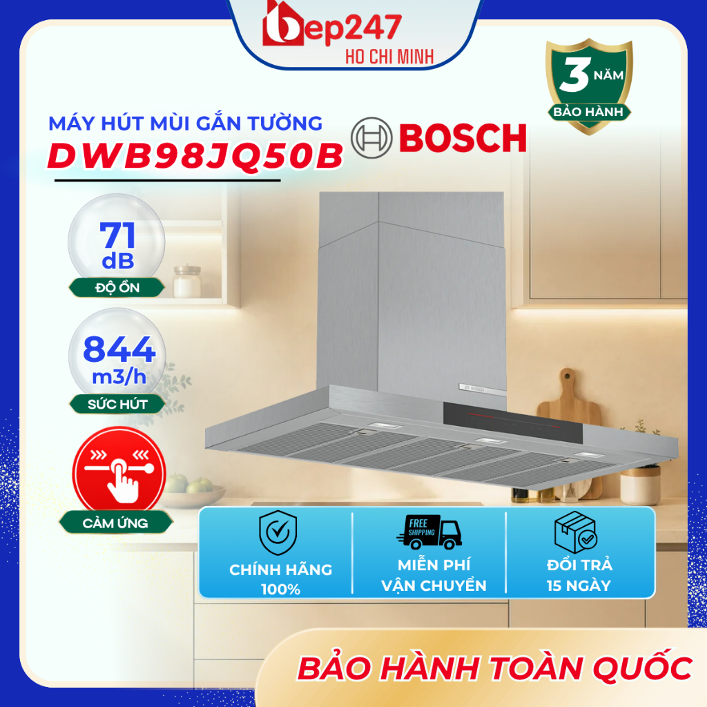 MÁY HÚT MÙI ÁP TƯỜNG BOSCH DWB98JQ50B SERIE 6 90CM – INOX, CÔNG SUẤT HÚT 844 M³/H, CẢM BIẾN PERFECTA
