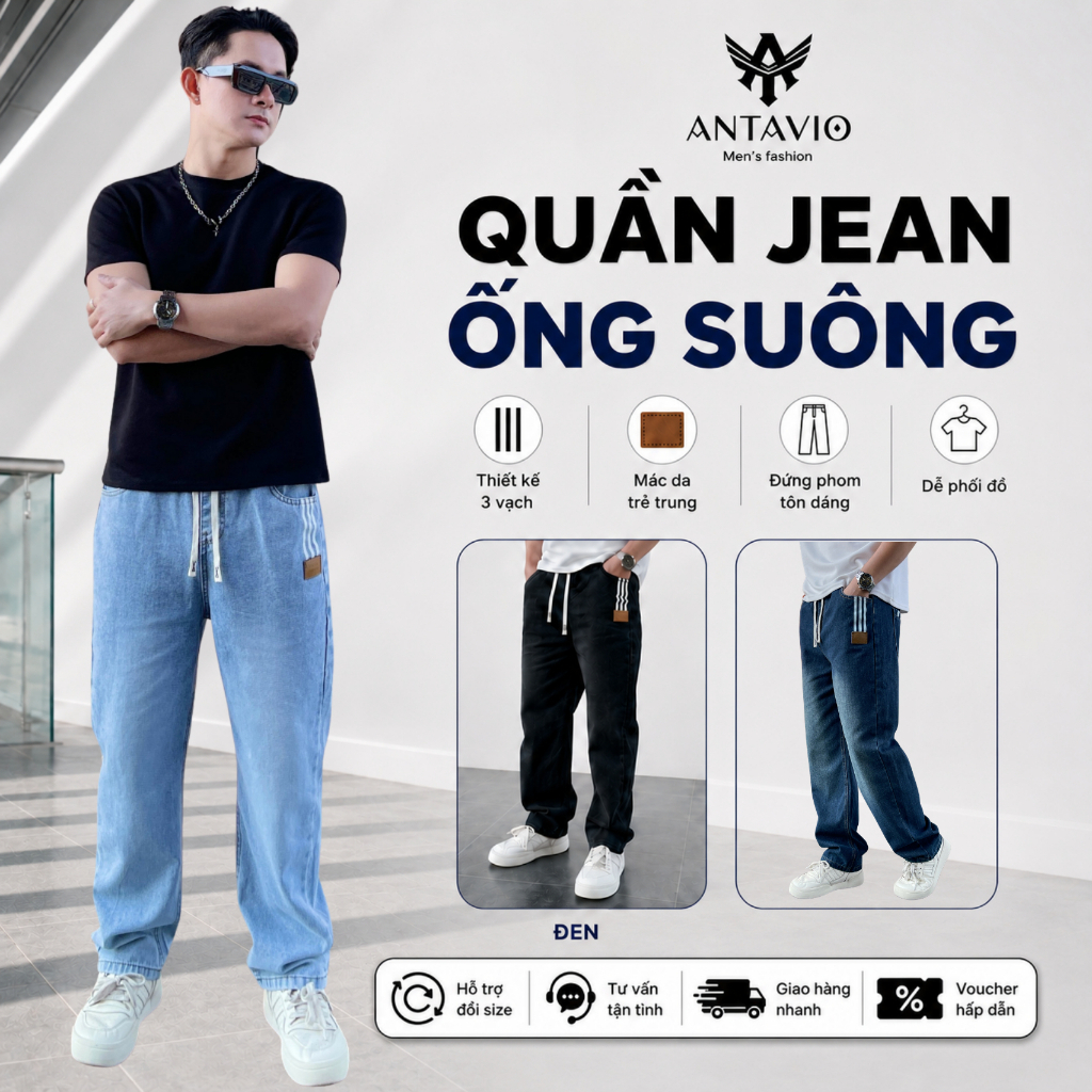 Quần Jean Nam Ống Suông Rộng ANTAVIO  Jean Mềm Mại Thời Trang 3 Màu 45-90KG Jean Suông 533