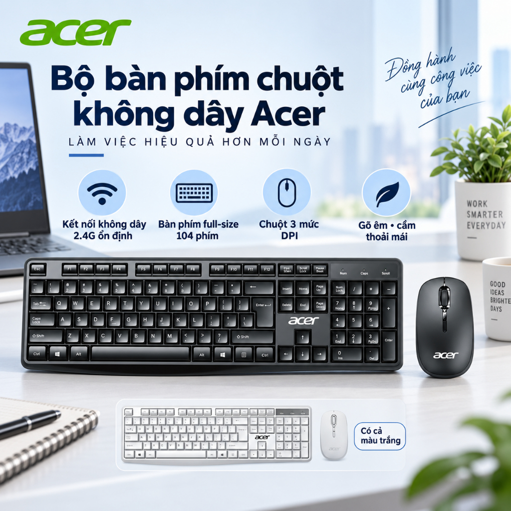 Bộ Bàn Phím Chuột Không Dây Acer KM41-2K 2.4G 104 Phím Full Size 3 Mức DPI