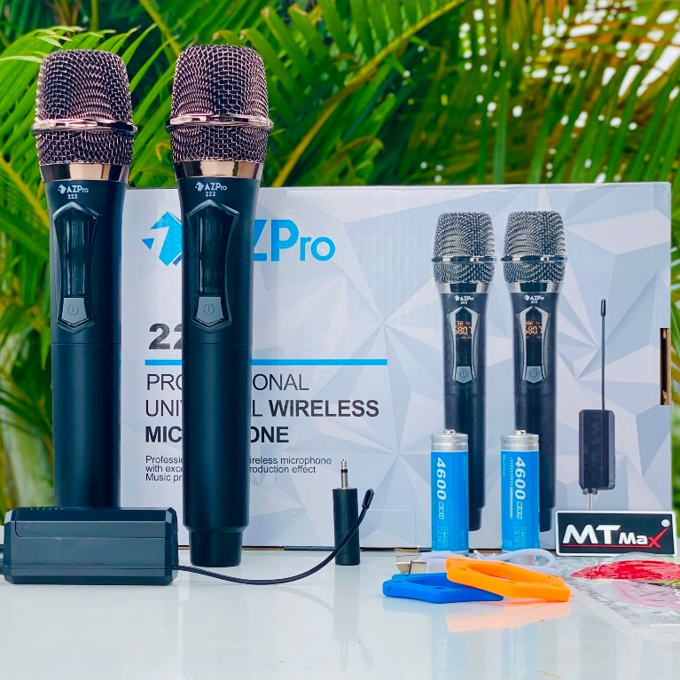 Bộ 2 Micro Karaoke Không Dây AZPro AZ-222 Micro Pin Sạc 18650 3.7V, Kết nối loa kéo,amply gia đình