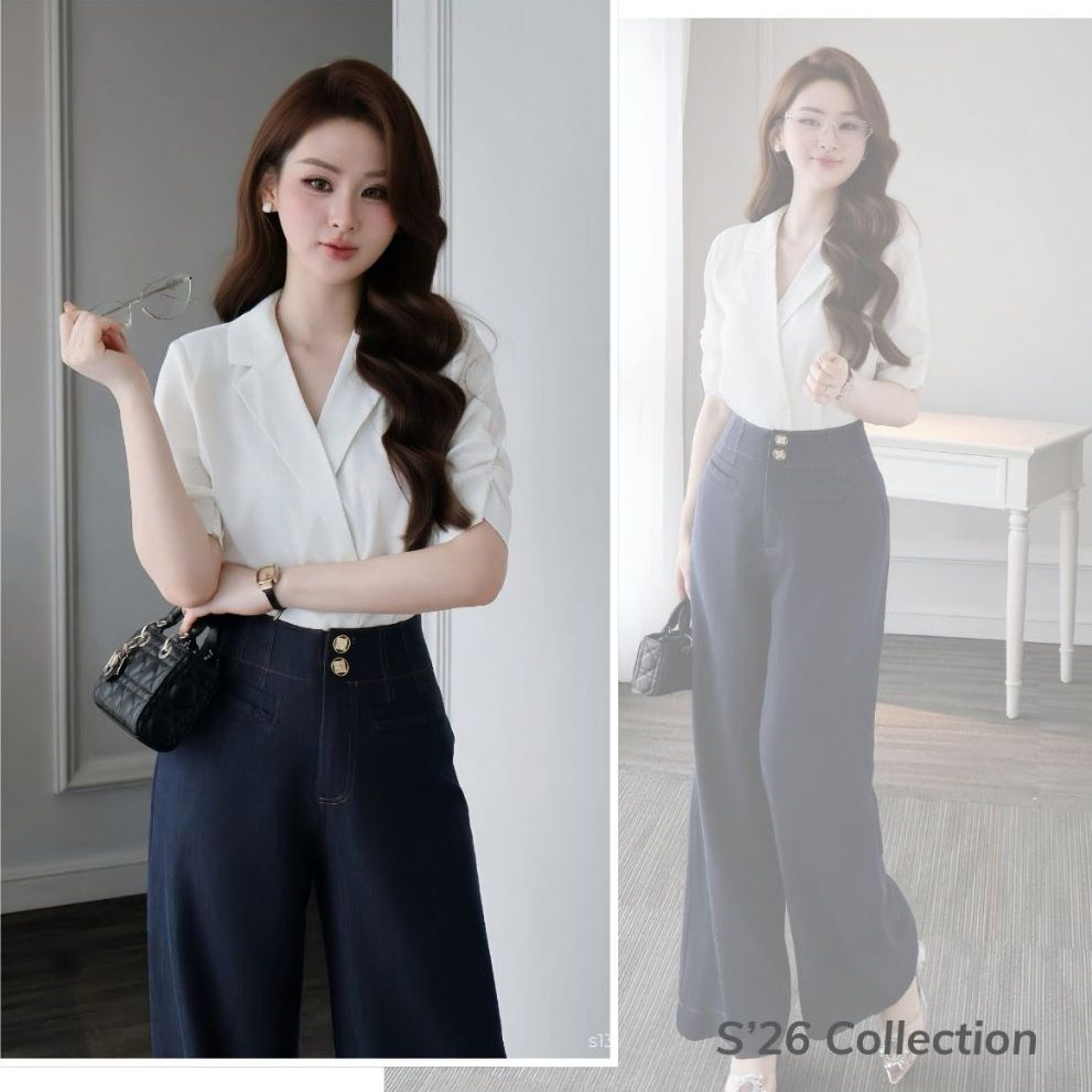 Set Áo Cổ Vest Tay Lỡ Cùng Quần Jean Suông, Thoải Mái, Chất Liệu Cao Cấp, Phù Hợp Trong Mọi Dịp Lavi