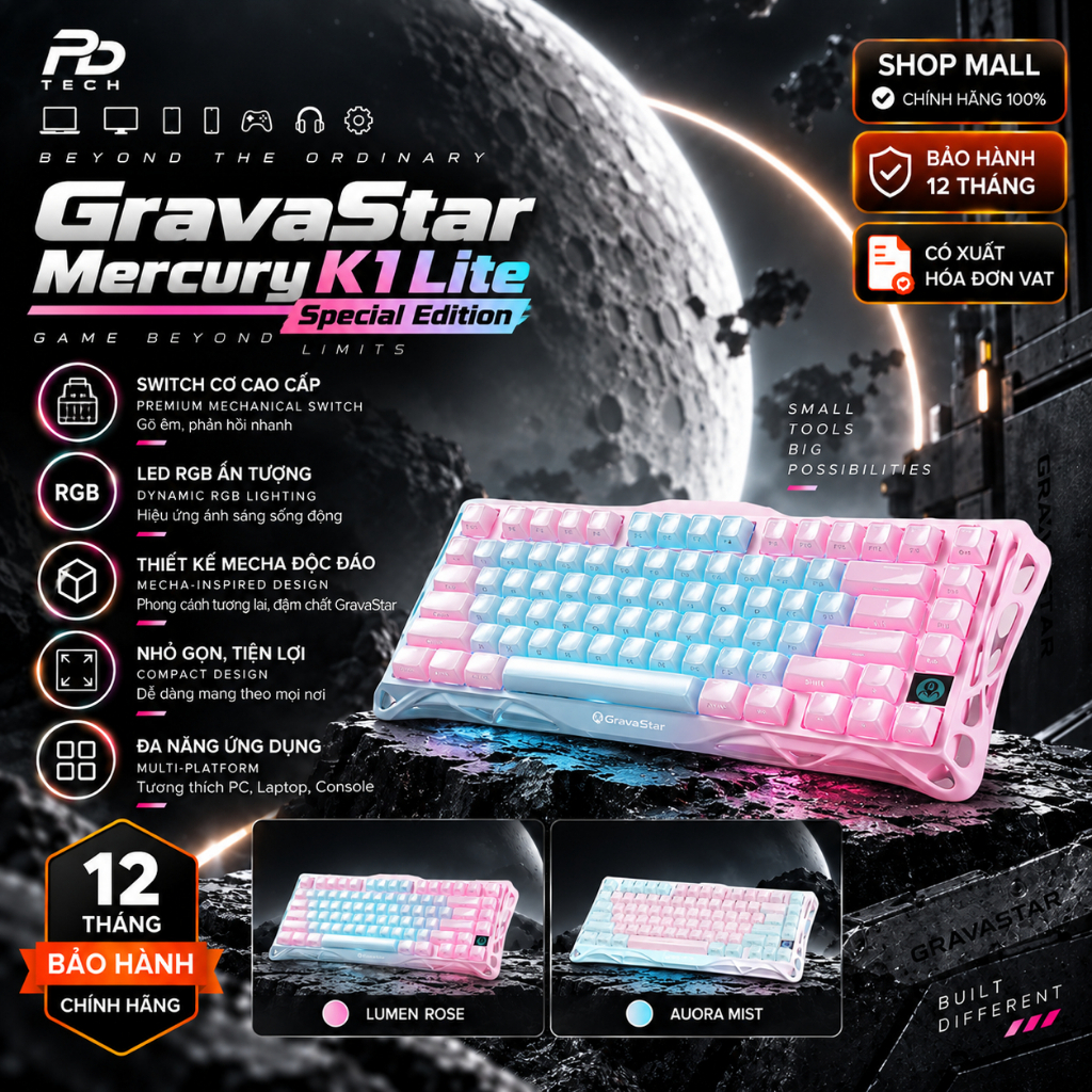 Bàn Phím Cơ GravaStar Mercury K1 Lite Special Edition Chính Hãng – RGB Cyberpunk, Gaming Wireless Đa