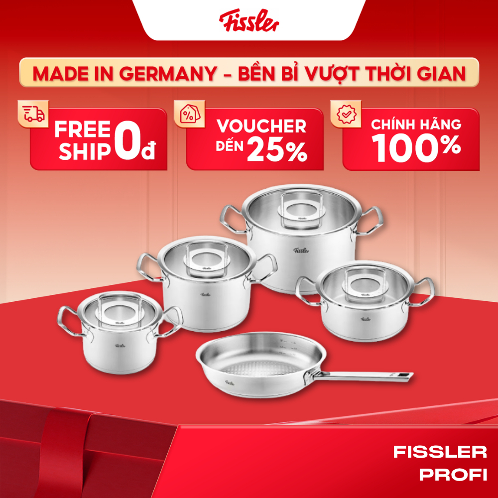Bộ nồi Fissler Profi chính hãng set 5 món vung kính kèm chảo Fissler Profi tổ ong size 24cm made in 