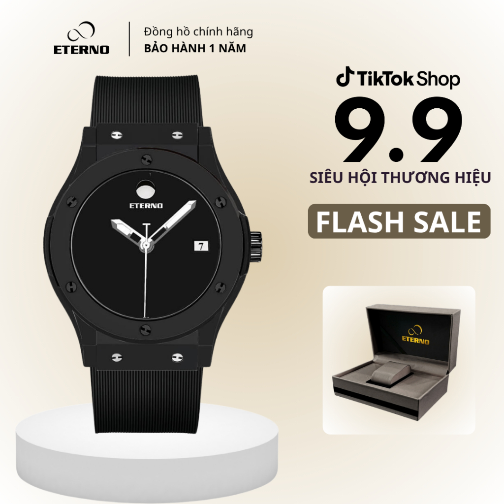 Đồng Hồ Nam - Thương Hiệu ETERNO E25-0083 Dây Cao Su Đen, full đen, Size 40mm