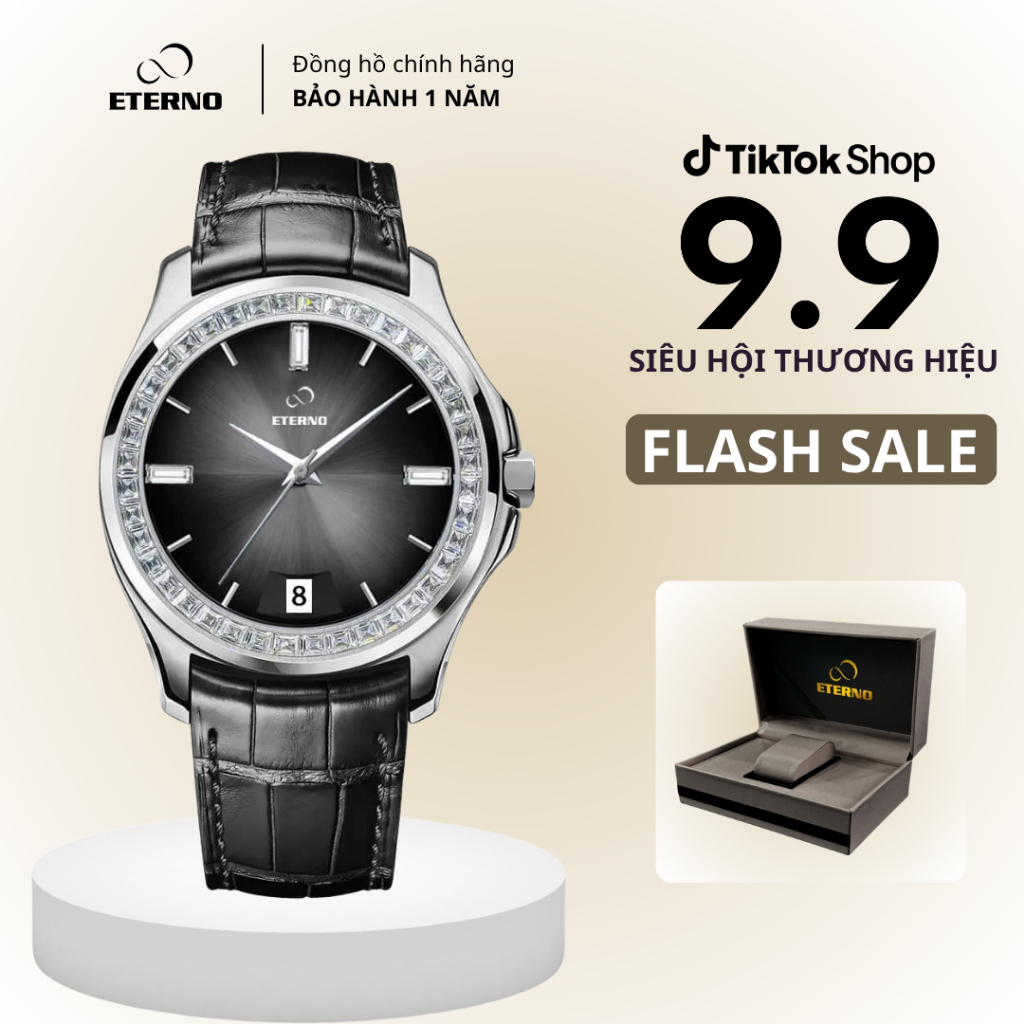Đồng Hồ Nam - Thương Hiệu ETERNO E25-0064 Viền Đính Đá Khối Dây Da Cao Cấp