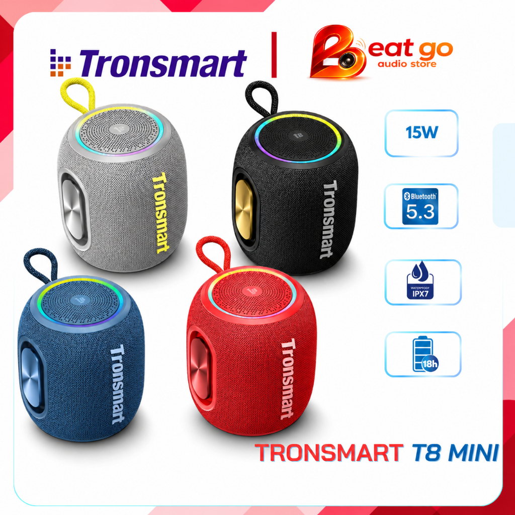 Loa bluetooth Tronsmart T8 Mini 15W, BLE 5.3, âm thanh vòm 360°, chống nước IPX7, nhỏ gọn, nghe nhạc