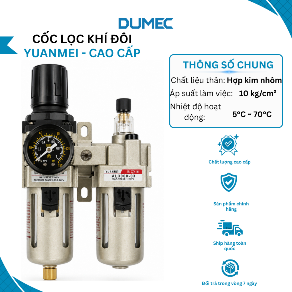 Cốc Lọc Khí Đôi Yuanmei Al3000-03 To Đẹp – Lọc Nước Khí Nén, Ổn Áp Hơi Cho Máy Cắt Nhôm Chính Hãng