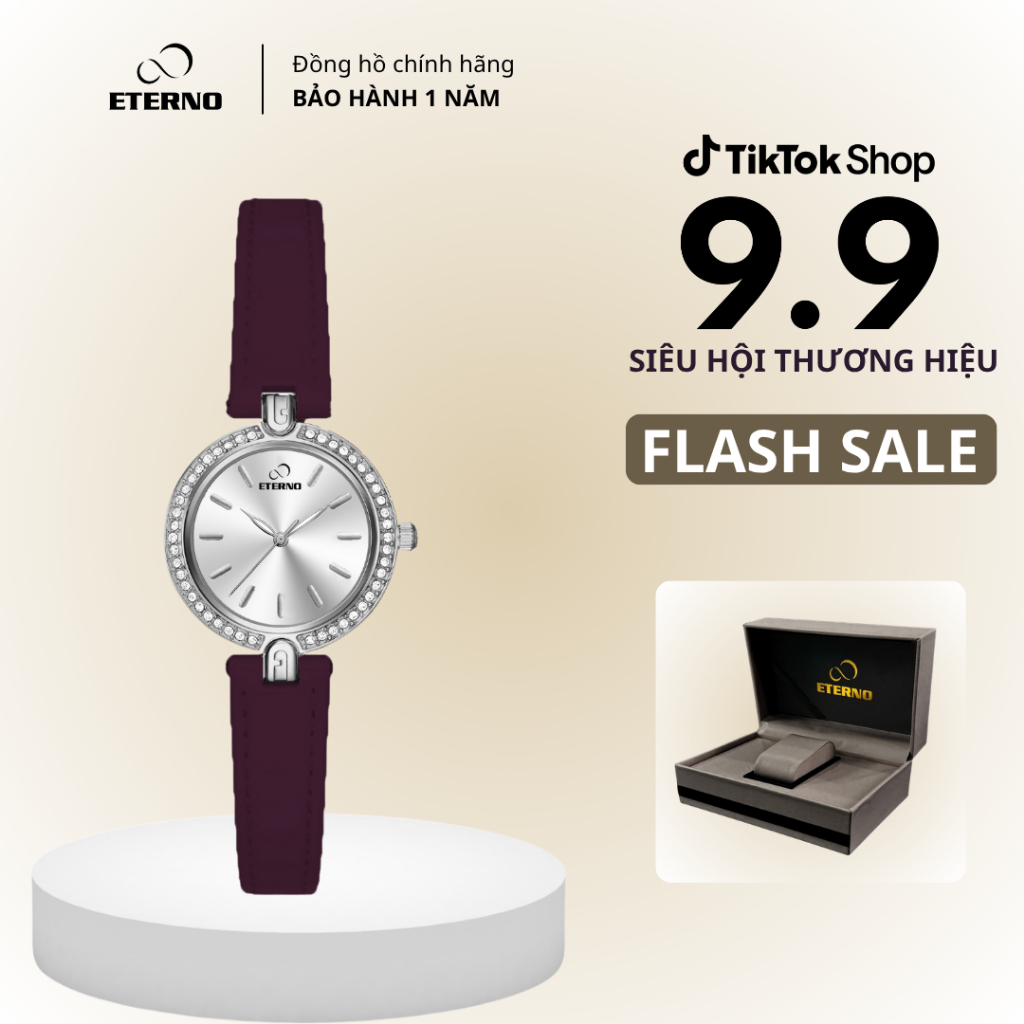 Đồng Hồ Nữ - Thương Hiệu ETERNO E25-0092 dây da hồng, viền đính đá thu hút _ đồng hồ nữ
