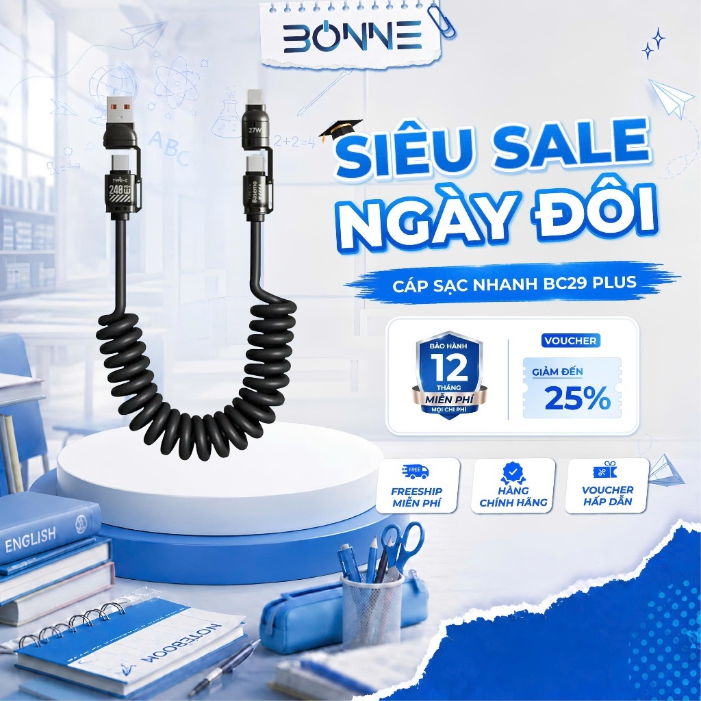 Cáp Sạc Lò Xo Đa Năng BC29 PLUS Sạc Nhanh 240W, Cáp Sạc Nhanh 4 IN 1 Chống Rối, Sạc Nhanh 240W