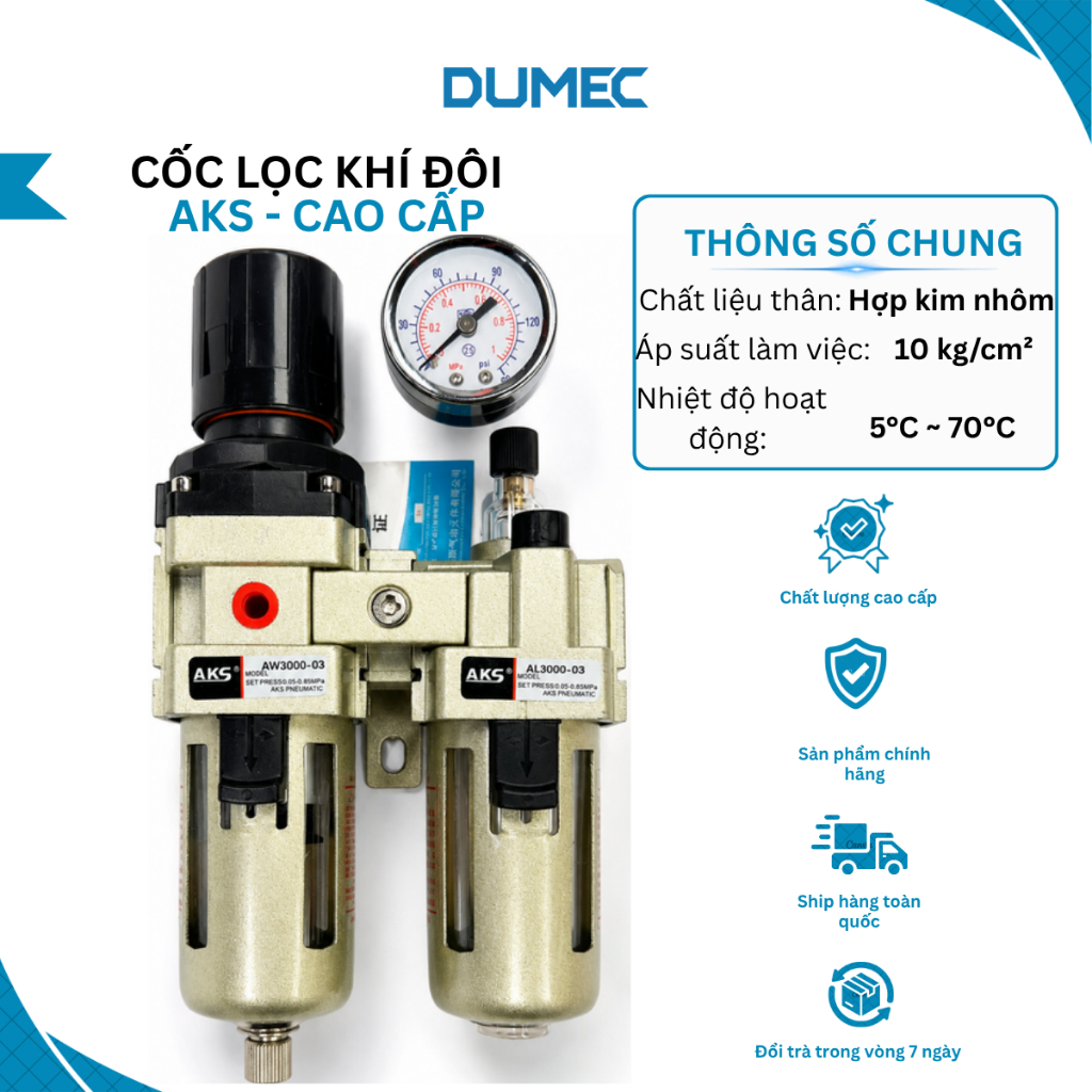 Cốc Lọc Khí Đôi AKS AL3000-03 – Bộ Lọc Nước Khí Nén, Ổn Áp Cho Máy Cắt Nhôm [Hàng loại 1]