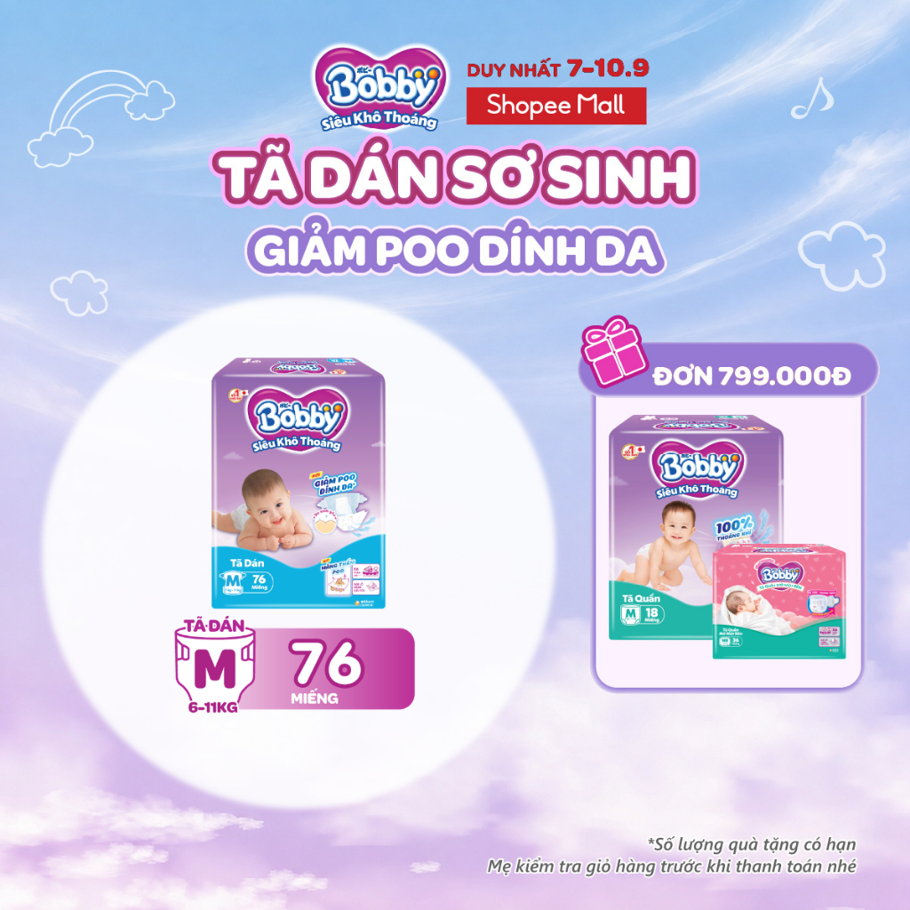 Tã dán Bobby S80/M76/L68/XL62/XXL56 mới- Lõi nén cotton-soft 3mm:S80