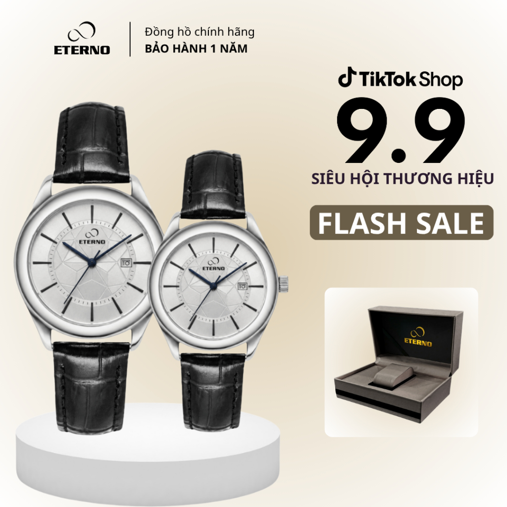 Đồng Hồ Cặp Nam Nữ - Thương Hiệu ETERNO E26-0101C Dây Da Cao Cấp, Mặt Trắng Bạc Họa Tiết Hình Khối