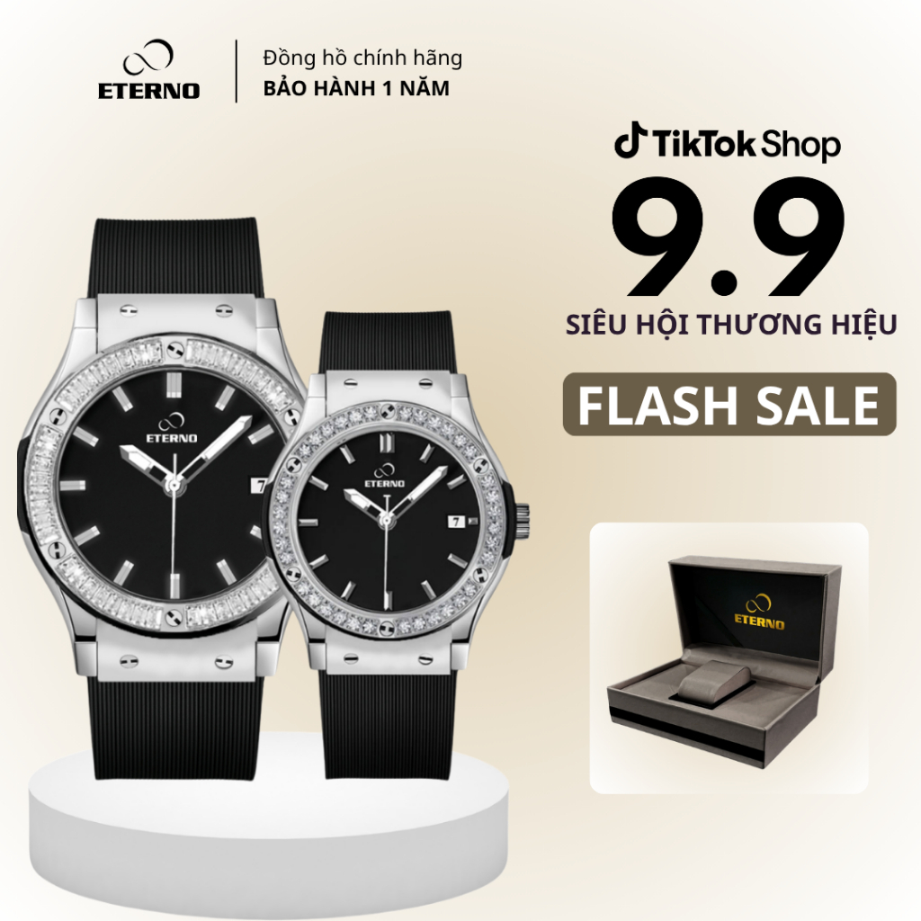 Đồng Hồ Cặp Nam Nữ - Thương Hiệu ETERNO E25-03250 Dây Cao Su Cao Cấp, Có Lịch Ngày, Chống Nước