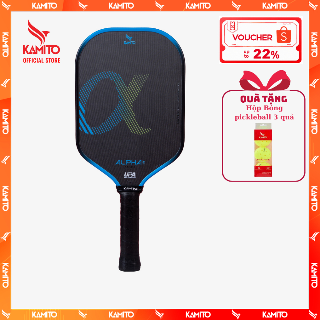 Vợt Pickleball Kamito Alpha 2, Chất liệu Carbon Toray tăng độ nhám bám bóng, kiểm soát bóng hiệu quả
