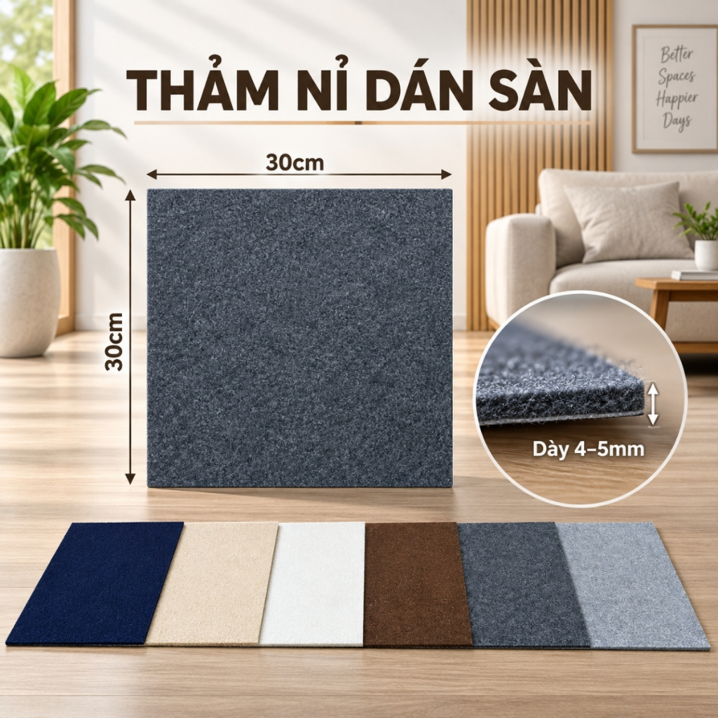 Thảm nỉ dán sàn tự dính 30x30cm dày 4–5mm - ảnh 4