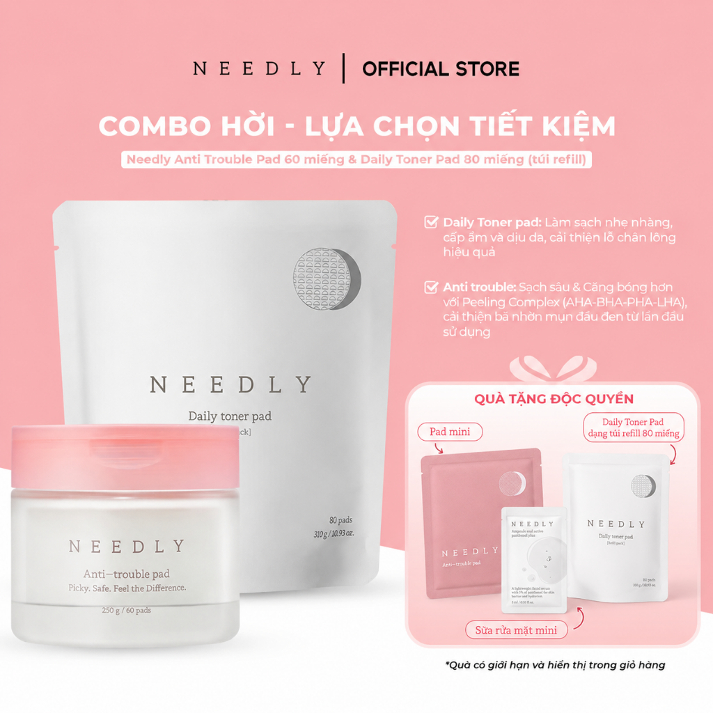 [COMBO HỜI] Toner Pad Needly Anti-Trouble Làm Sạch Bã Nhờn Căng Bóng 250G 80 Miếng & Túi Refill Dail