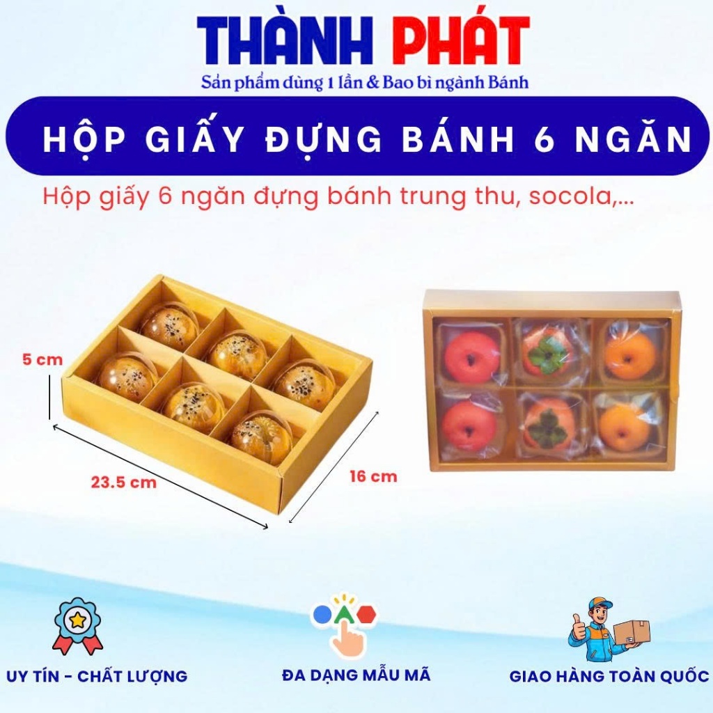 10 Hộp Giấy 6 Ngăn Đựng Bánh 75g–100g Nhũ V | Hộp Bánh Tết Cao Cấp Có Nắp Kiếng, Đựng Bánh Trung Thu