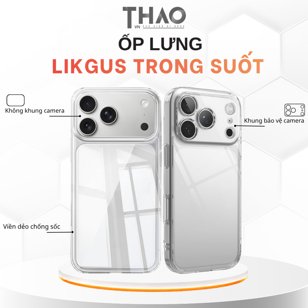 Ốp lưng Likegut trong suốt dành cho iP, Viền dẻo chống sốc lưng trong cứng…