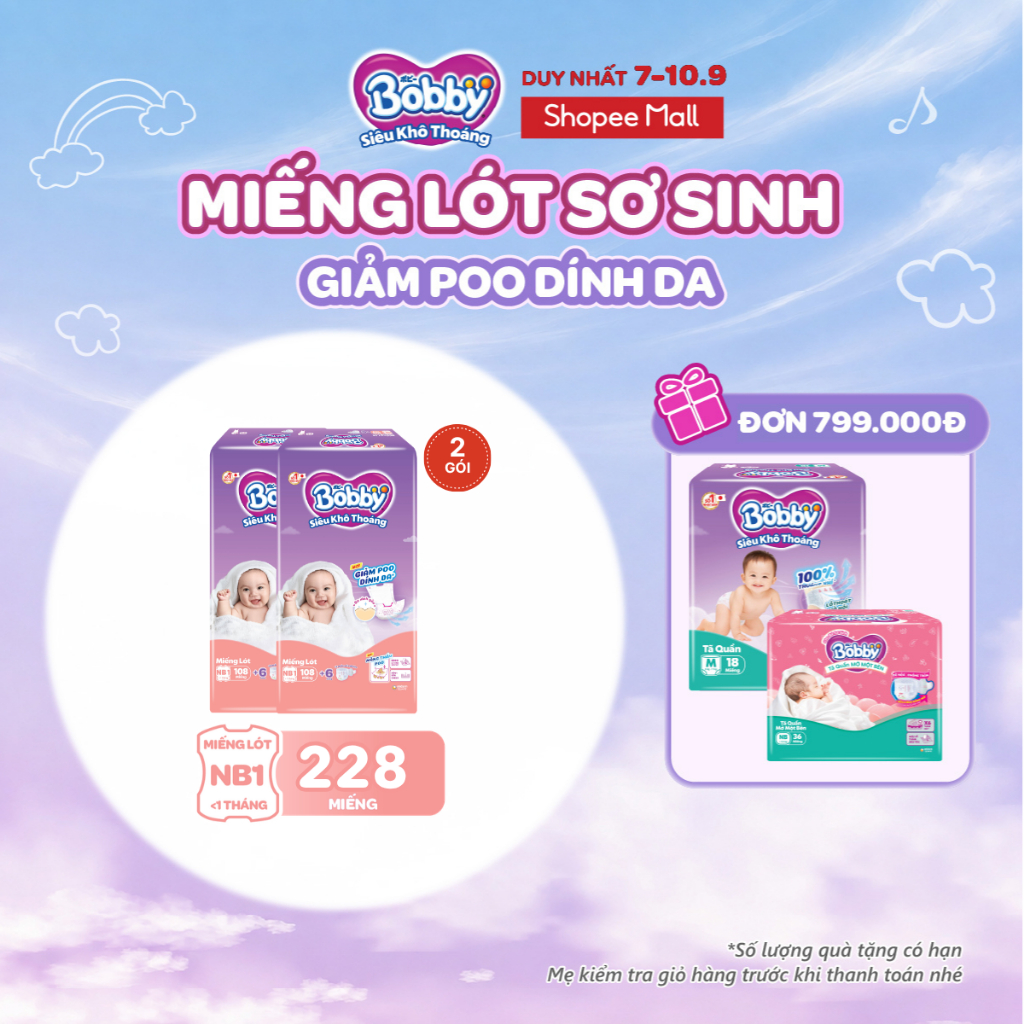 [MUA 2 TẶNG 1] Combo 2 gói miếng lót sơ sinh Bobby Newborn 1-108 miếng  - Tặng miếng ngẫu nhiên