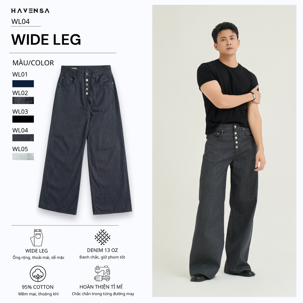 Quần Jean Form Wideleg Haven’s quần jean nam phong cách trẻ trung cạp cao, dễ mặc, che khuyết điểm W