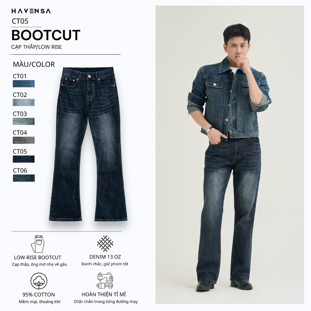 [CT01] Quần jean nam bootcut Haven’s, quần bò nam form loe nhẹ, tôn dáng wash màu thời trang, dễ phố