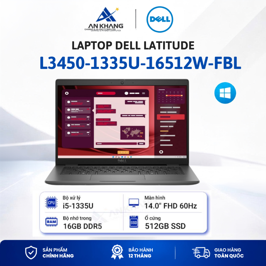 Laptop Dell Latitude L3450-1335U-16512W-FBL | i5-1335U | RAM 16GB | SSD 512GB | 14" FHD | Win11 | Xá