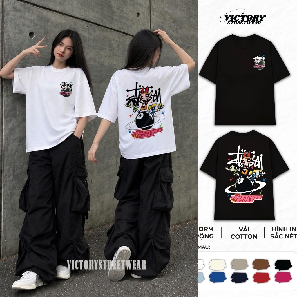 Áo Thun Unisex Stussy Powerpuff Girls Graphic - Tshirt Form Rộng Oversize VICTORY Streetwear