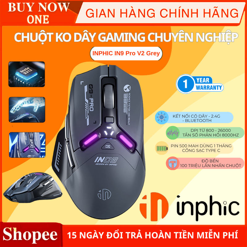 Chuột không dây gaming INPHIC IN9 PRO V2 GRAY, dành cho game thủ chuyên nghiệp, bảo hành 1 năm