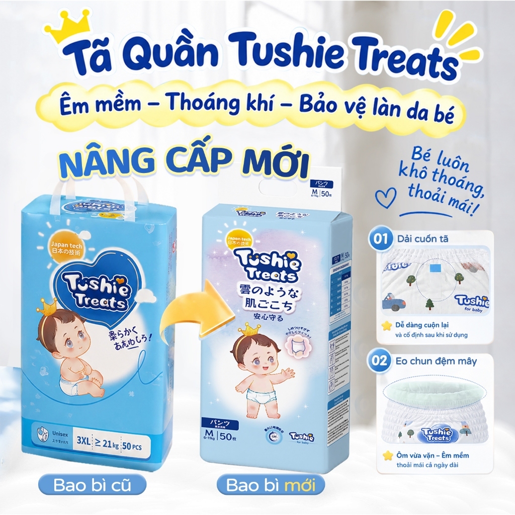 【Nâng Cấp SP】Tã dán/quần Tushie Treats cho bỉm em bé Công nghệ Nhật bản ôm sát thấm hút thông thoáng