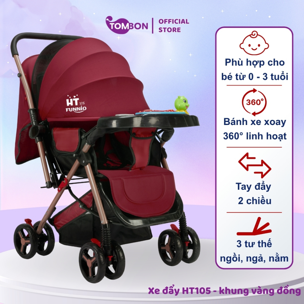 Xe đẩy gấp gọn cho bé HT105 thiết kế đẩy 2 chiều, 3 tư thế ngồi, ngả, nằm khung vàng đồng cho bé từ sơ sinh