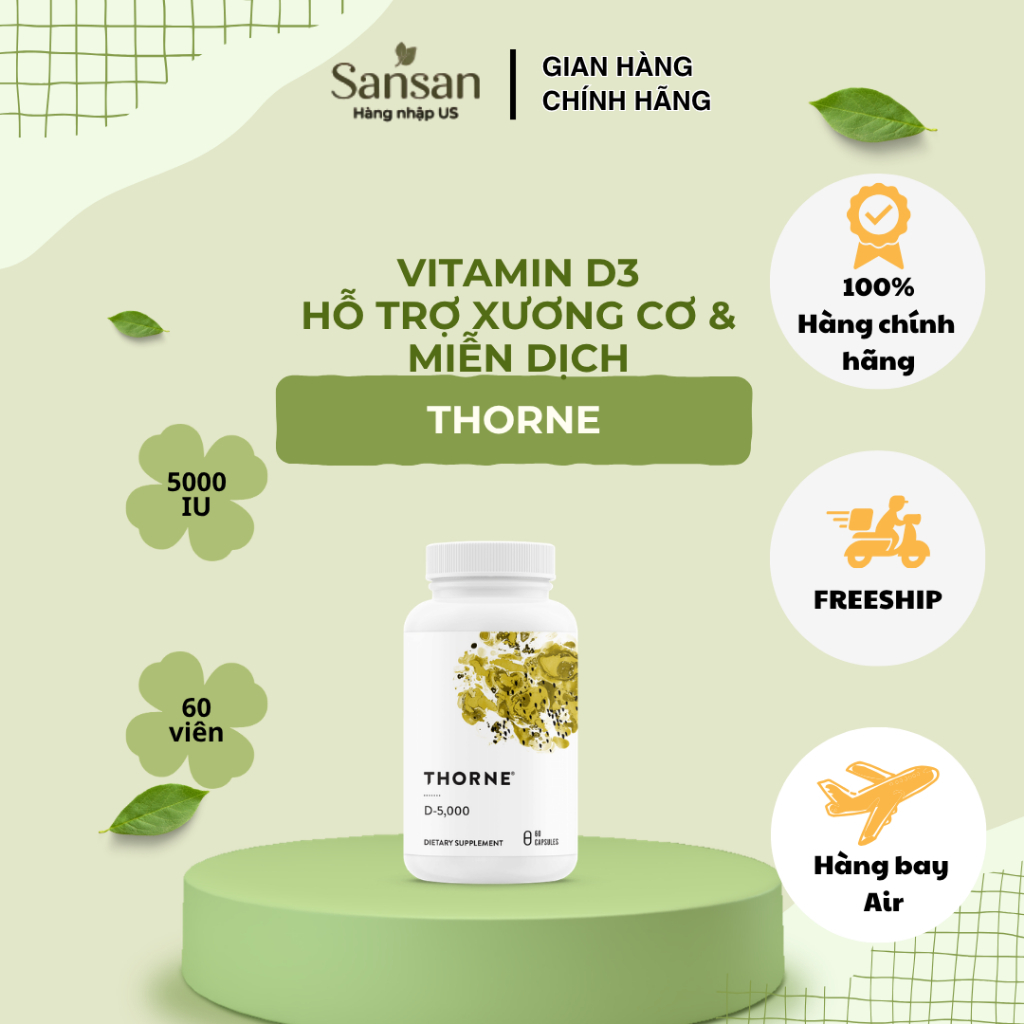 Vitamin D3 Thorne D 5000 IU 60 Viên, Bổ Sung Vitamin D3 125mcg, Hỗ Trợ Xương Cơ & Miễn Dịch, NSF Cer