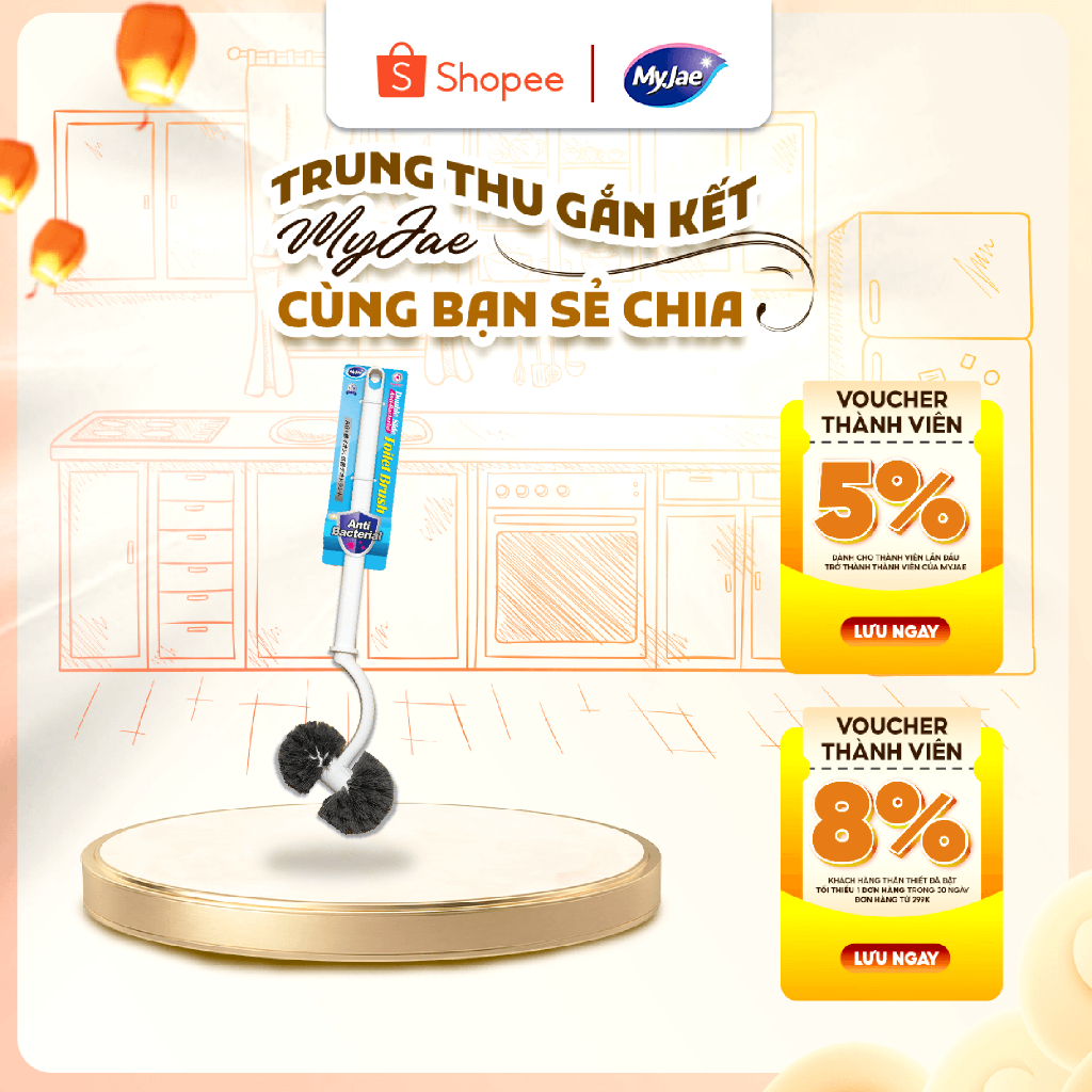 Cây chà bồn cầu, cọ chà toilet MyJae -2 đầu tròn 45cm