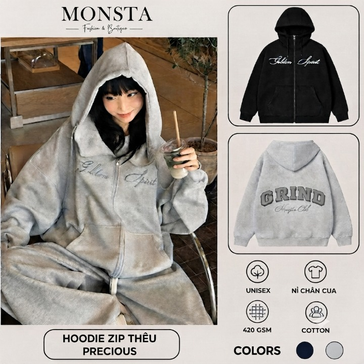 Áo Khoác Hoodie Zip Nam Nữ GRIND Nỉ Chân Cua Cổ Cao Thêu Dạ Nổi Bật Phong Cách…