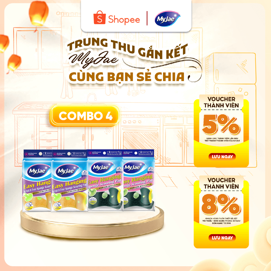 Combo 4 Bịch Bọt Biển Rửa Chén MyJae Đa Năng (2 Vàng + 2 Xanh) Kèm Miếng Hít Treo Tiện Lợi