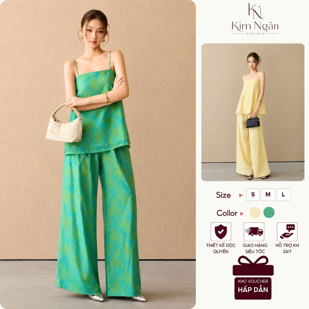 Set đồ nữ, bộ 2 dây tơ tằm nha sá phối quần suông dài ống rộng sang trọng - P325